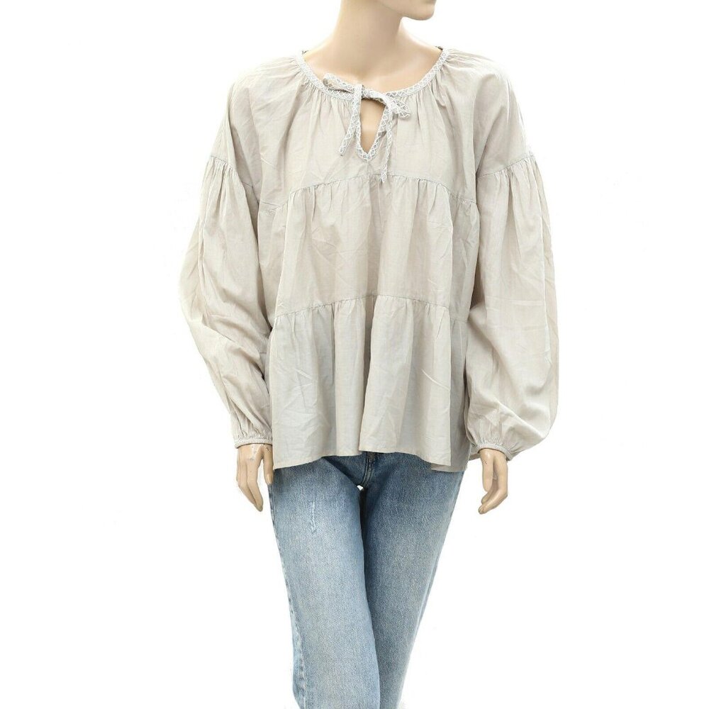 Merlette Tholen Embroidered Ruffle Blouse Top Dove Tiered Cotton Voile M